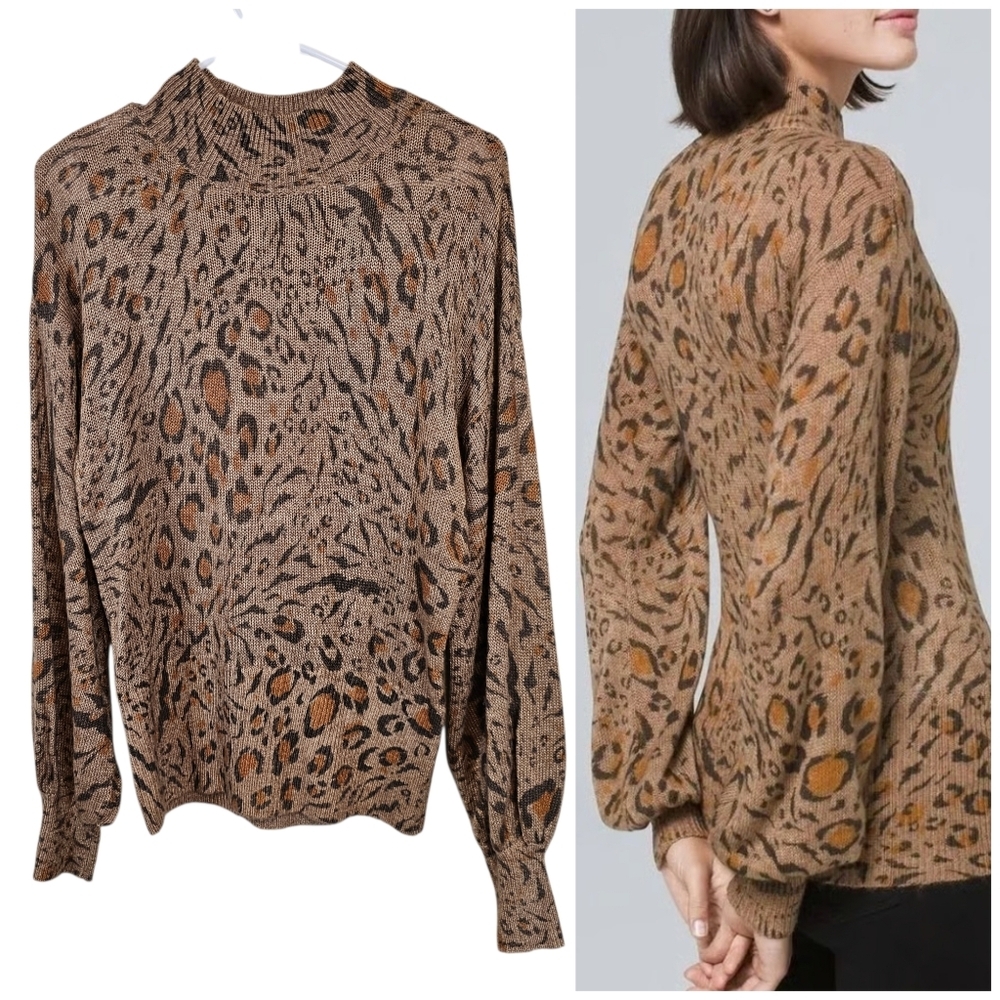 White House Black Market Animal Print Leppard Ballon Sleeve Mock Neck Sweater